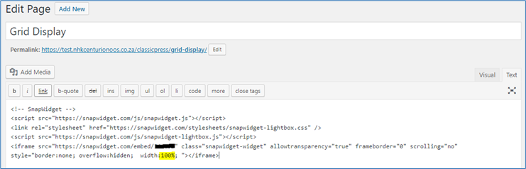 The Text tab with the widget code