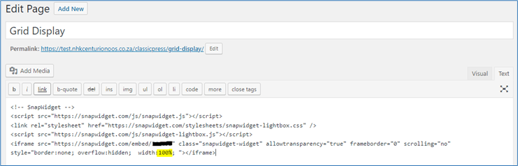 The Text tab with the widget code