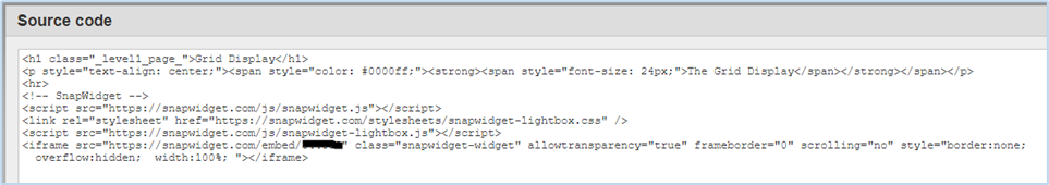 The Source code window with the widget code