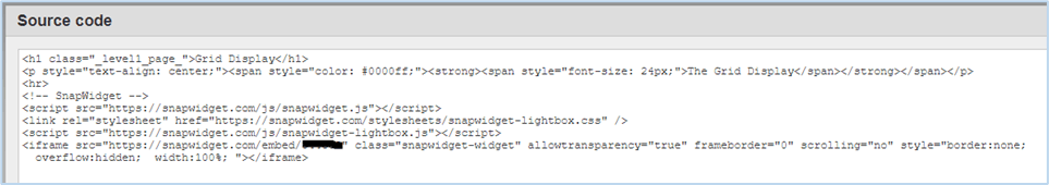 The Source code window with the widget code