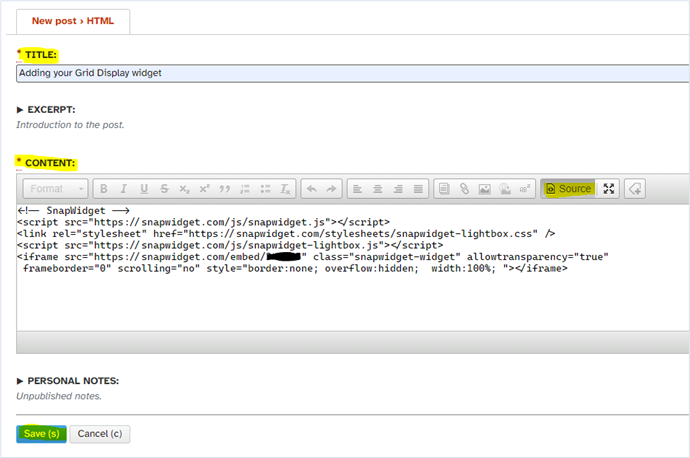 The Content box in Source view with the Save button