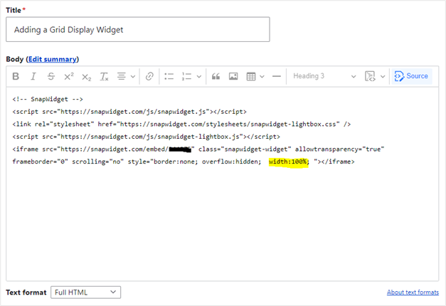 The body field in Source mode with the Full HTML text format