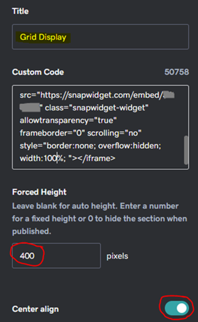 The Custom Code and Forced Height fields of the HTML section