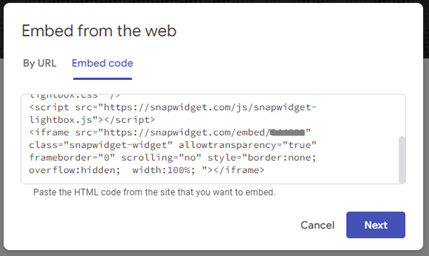 The Embed from the web window with the Embed code tab