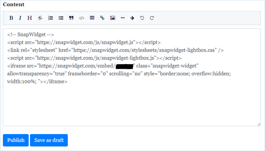 The Content box with the widget code and the Publish button
