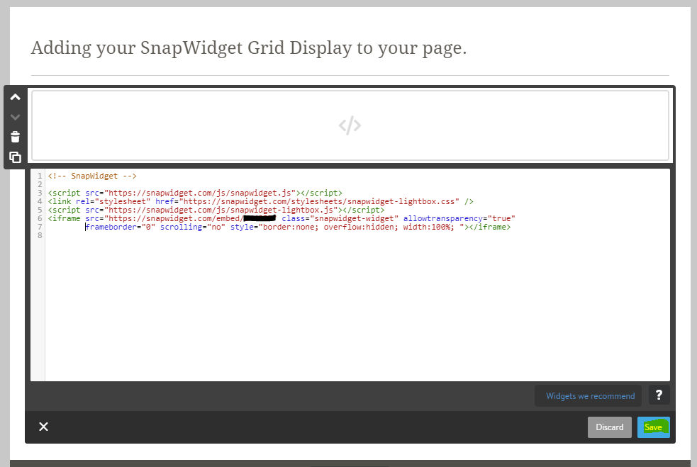 The Widget/HTML code box with the Save button