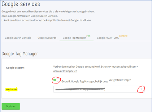 Het tabblad Google Tag Manager bij Google-services