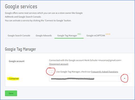The Google Tag Manager tab in Google services