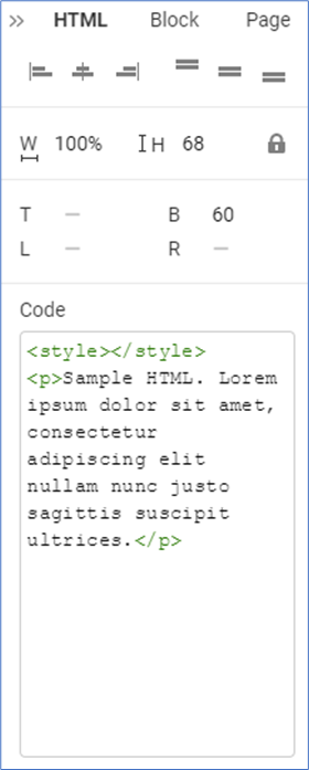 The Code field of the HTML element in the Property Panel