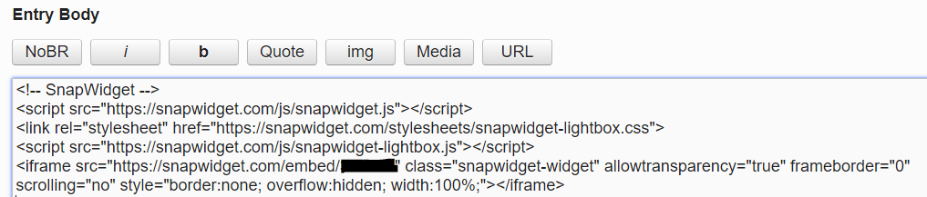 The Entry Body field with the widget code