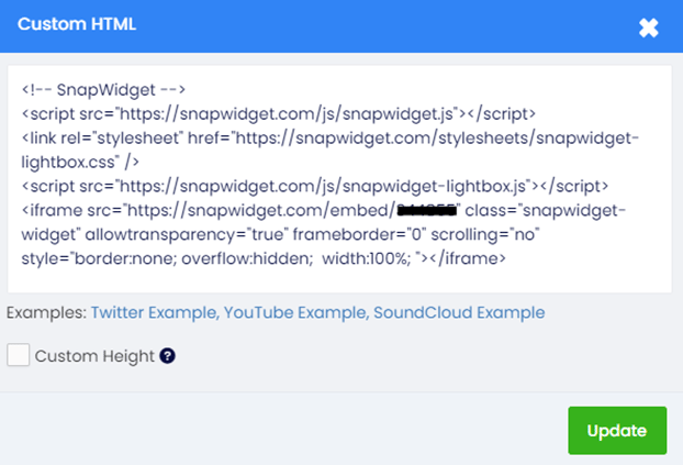 The Custom HTML window with the Update button