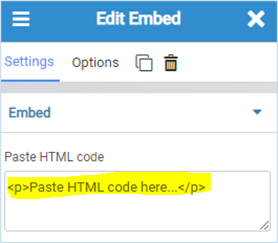 The Edit Embed panel with the Paste HTML code box