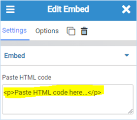 The Edit Embed panel with the Paste HTML code box