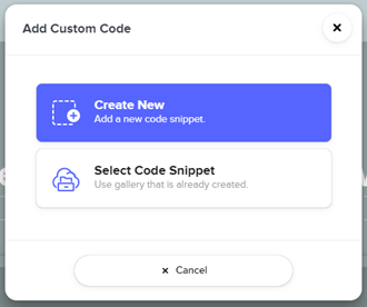 The Add Custom Code window with Create New