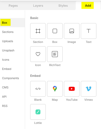 The Blank box in the Embed group of the Add panel