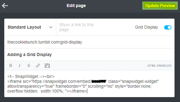 A Tumblr page with the widget code
