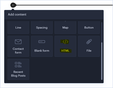 The HTML option in the Add content menu