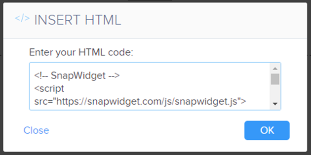 The Insert HTML window with the OK button