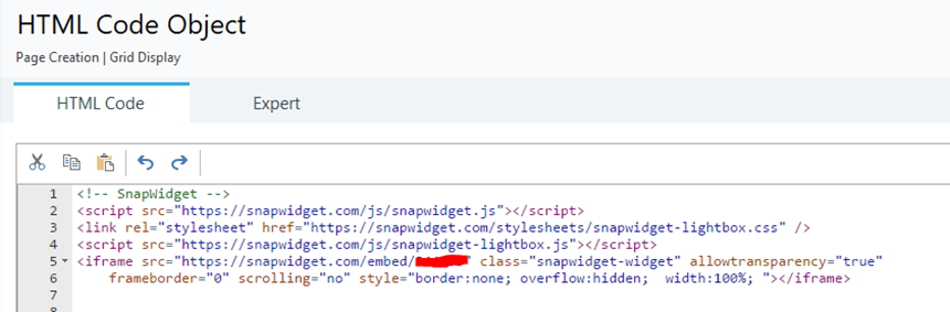 The HTML Code tab of the HTML Code object
