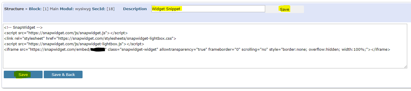 A WYSIWYG section with the widget code
