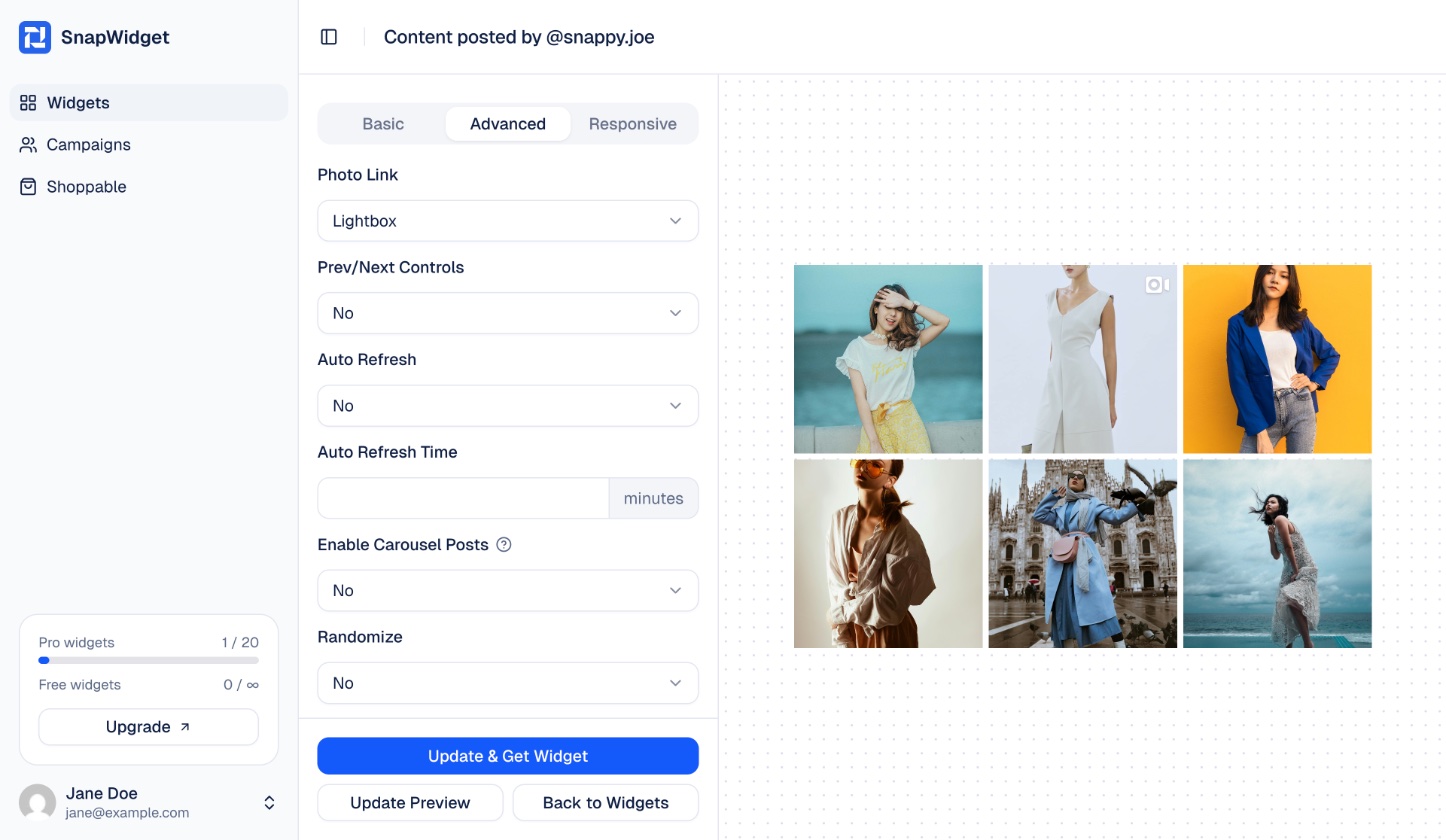 Photo Link set to Lightbox on the Advanced tab