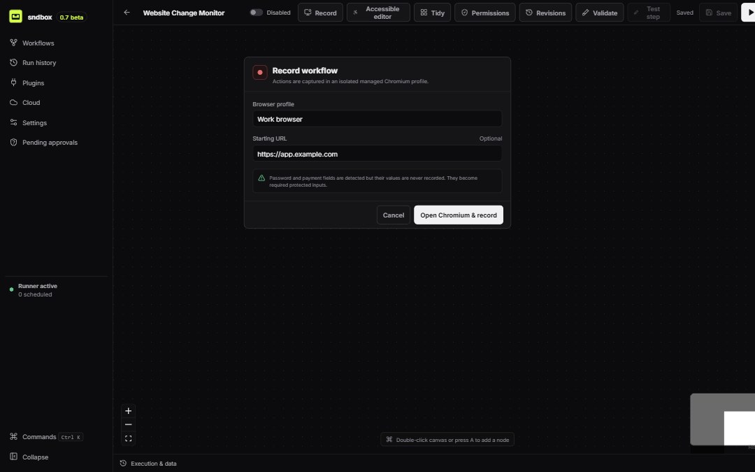 The real sndbox recorder dialog with browser profile, starting URL, protected-input notice, and record action