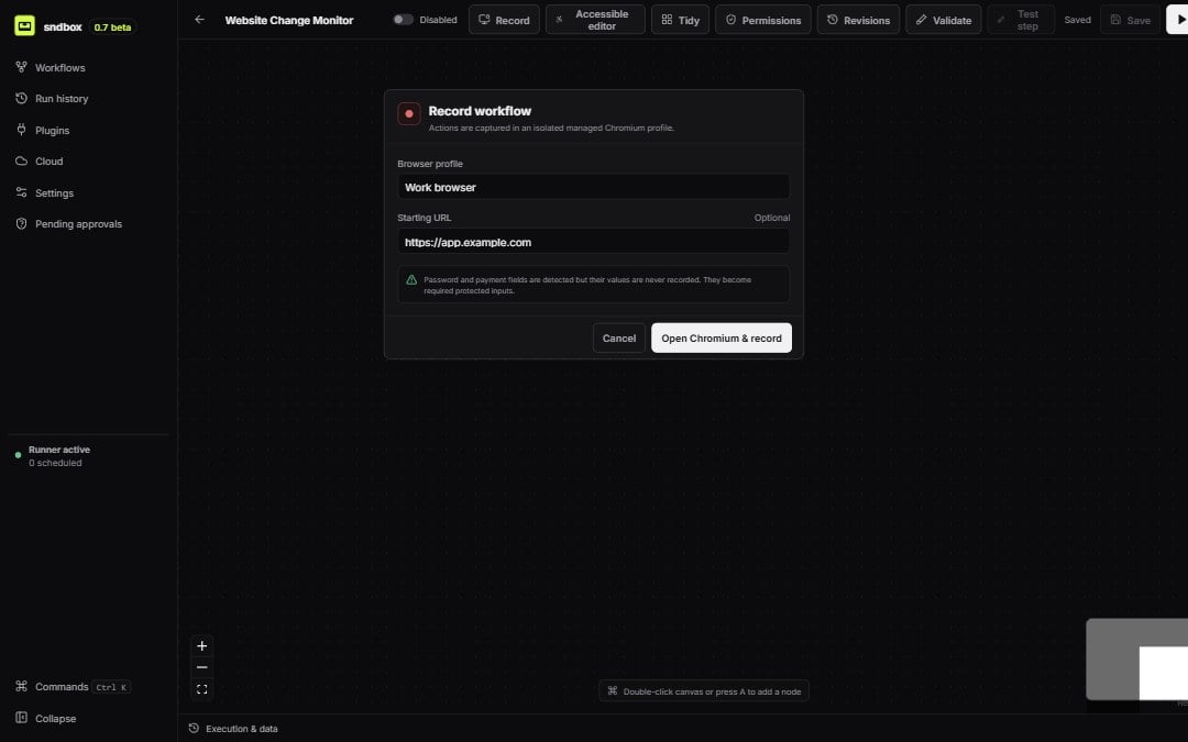 The real sndbox recorder dialog with browser profile, starting URL, protected-input notice, and record action
