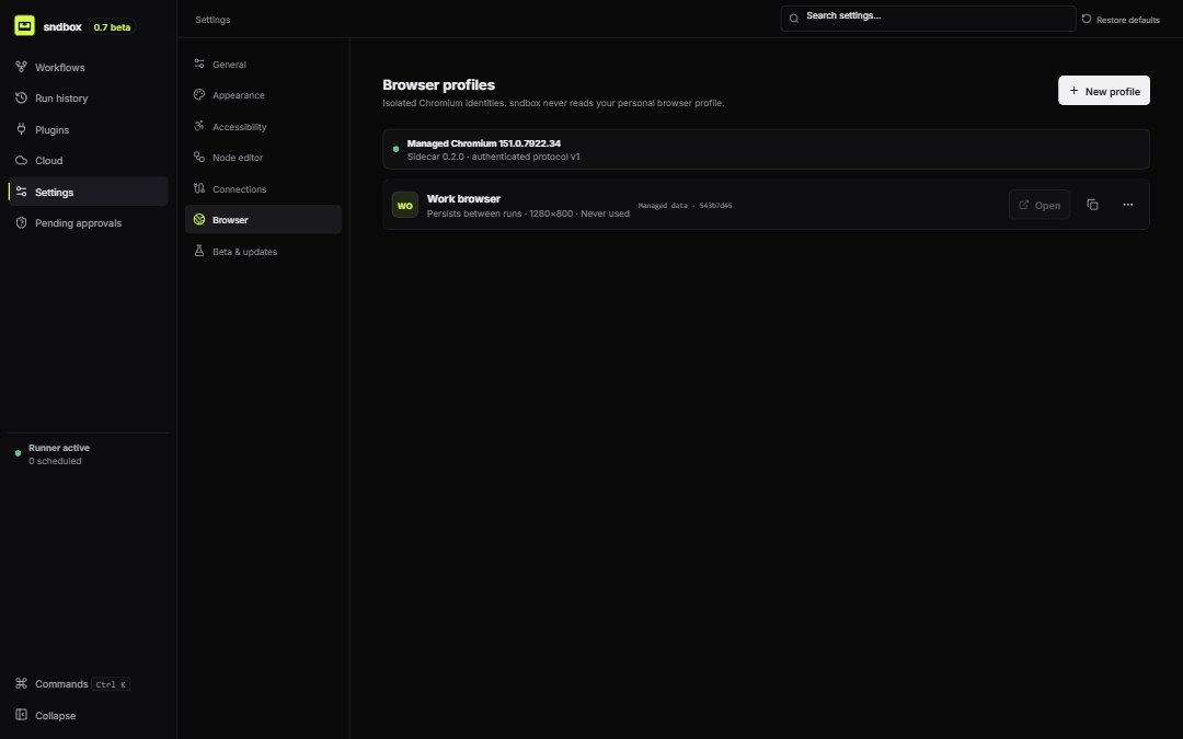 The sndbox Browser settings page showing the managed Chromium version and a persistent browser profile