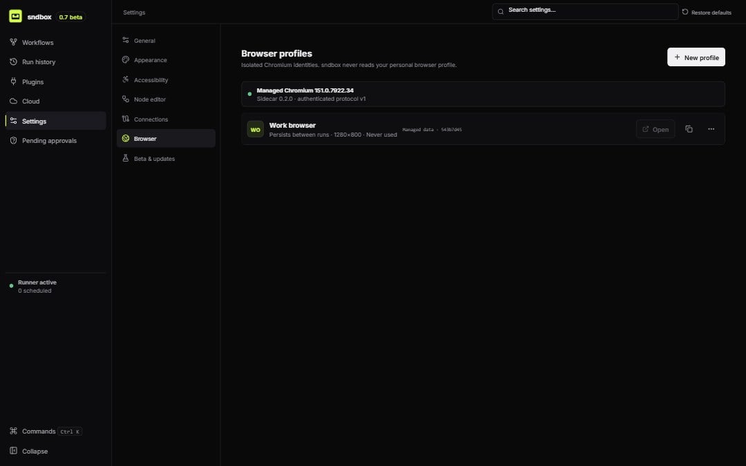 The sndbox Browser settings page showing the managed Chromium version and a persistent browser profile