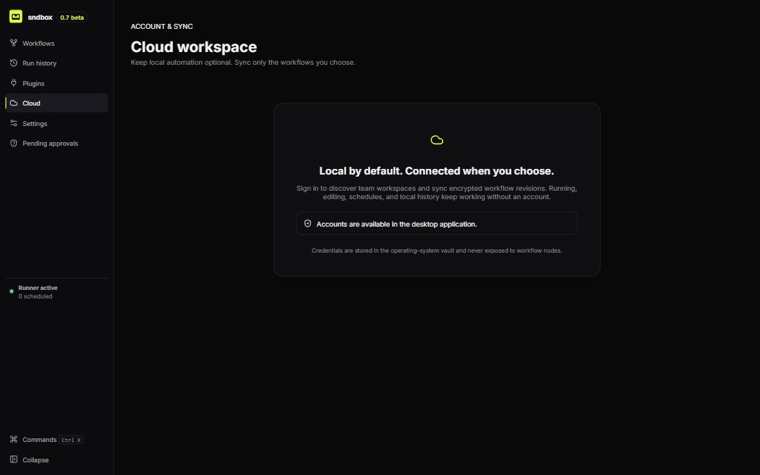 The sndbox Cloud workspace view explaining optional sync and operating-system vault storage