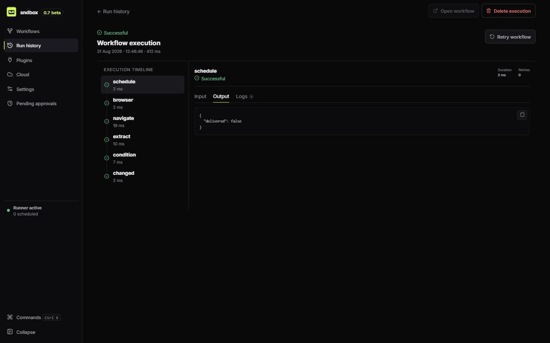 The sndbox execution inspector showing a successful six-node timeline and structured node output