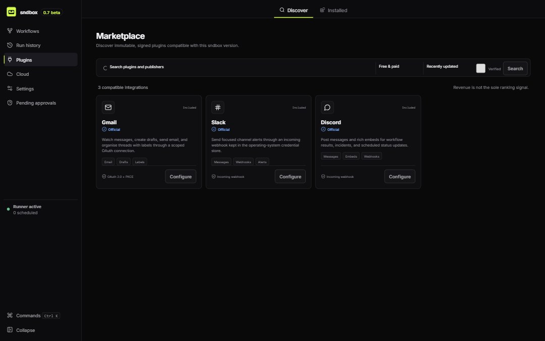 The sndbox plugin marketplace showing the real Gmail, Slack, and Discord integrations