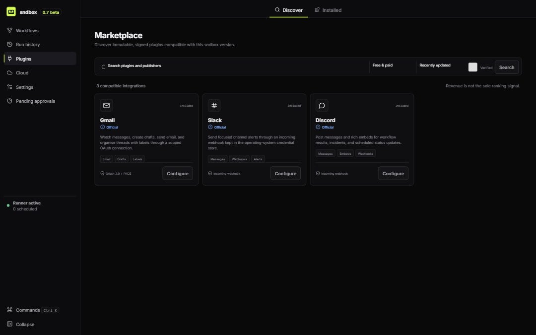 The sndbox plugin marketplace showing the real Gmail, Slack, and Discord integrations