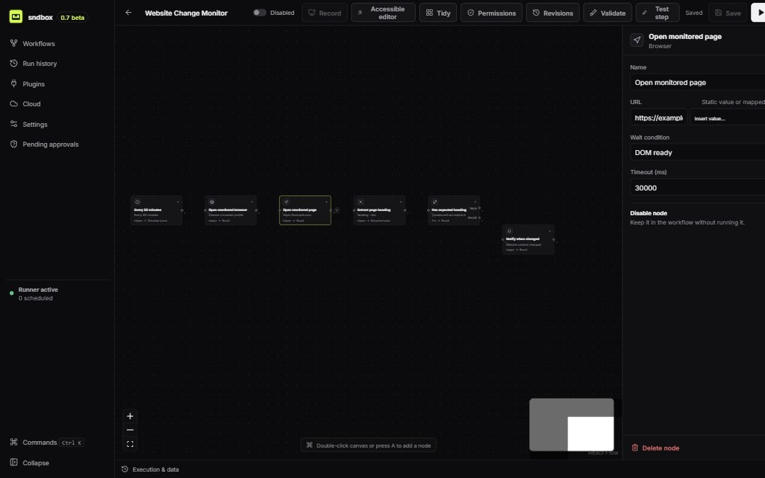 The sndbox workflow editor showing six implemented nodes and the settings inspector for a Navigate node
