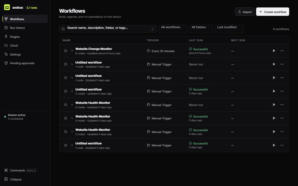 The sndbox Workflows view showing local workflows, triggers, last-run status, and direct run actions