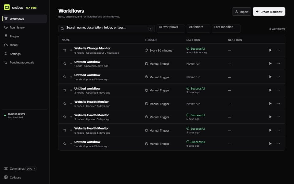 The sndbox Workflows view showing local workflows, triggers, last-run status, and direct run actions