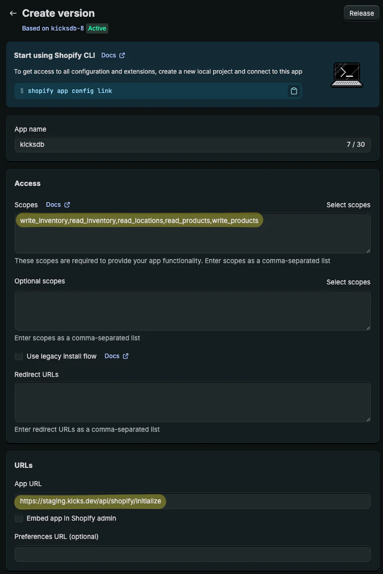 Shopify Dev Dashboard configuration