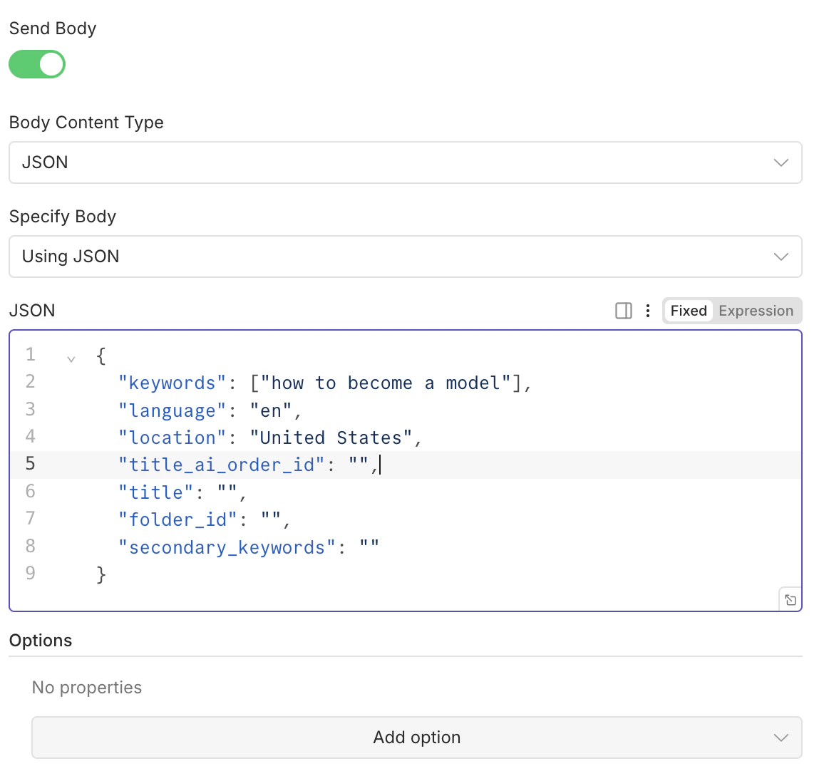 Body payload for Content Brief Orders