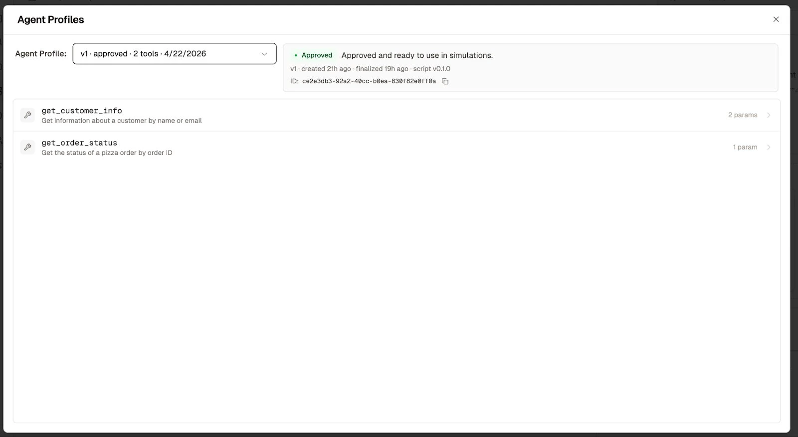 Agent Profiles modal in Snowglobe UI