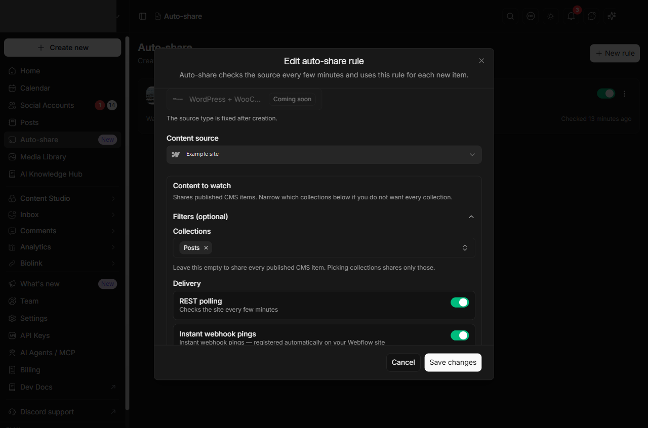 Webflow সাইটের অটো-শেয়ার নিয়ম এডিট করুন