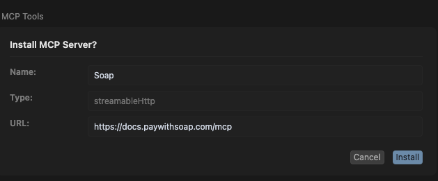 Screenshot of installing Soap MCP in Cursor