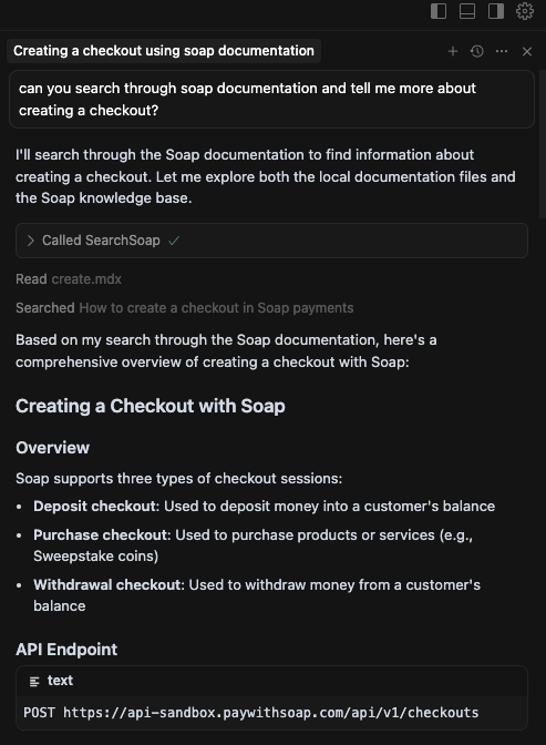 Screenshot demonstrating AI conversation with Soap Documentation in Cursor