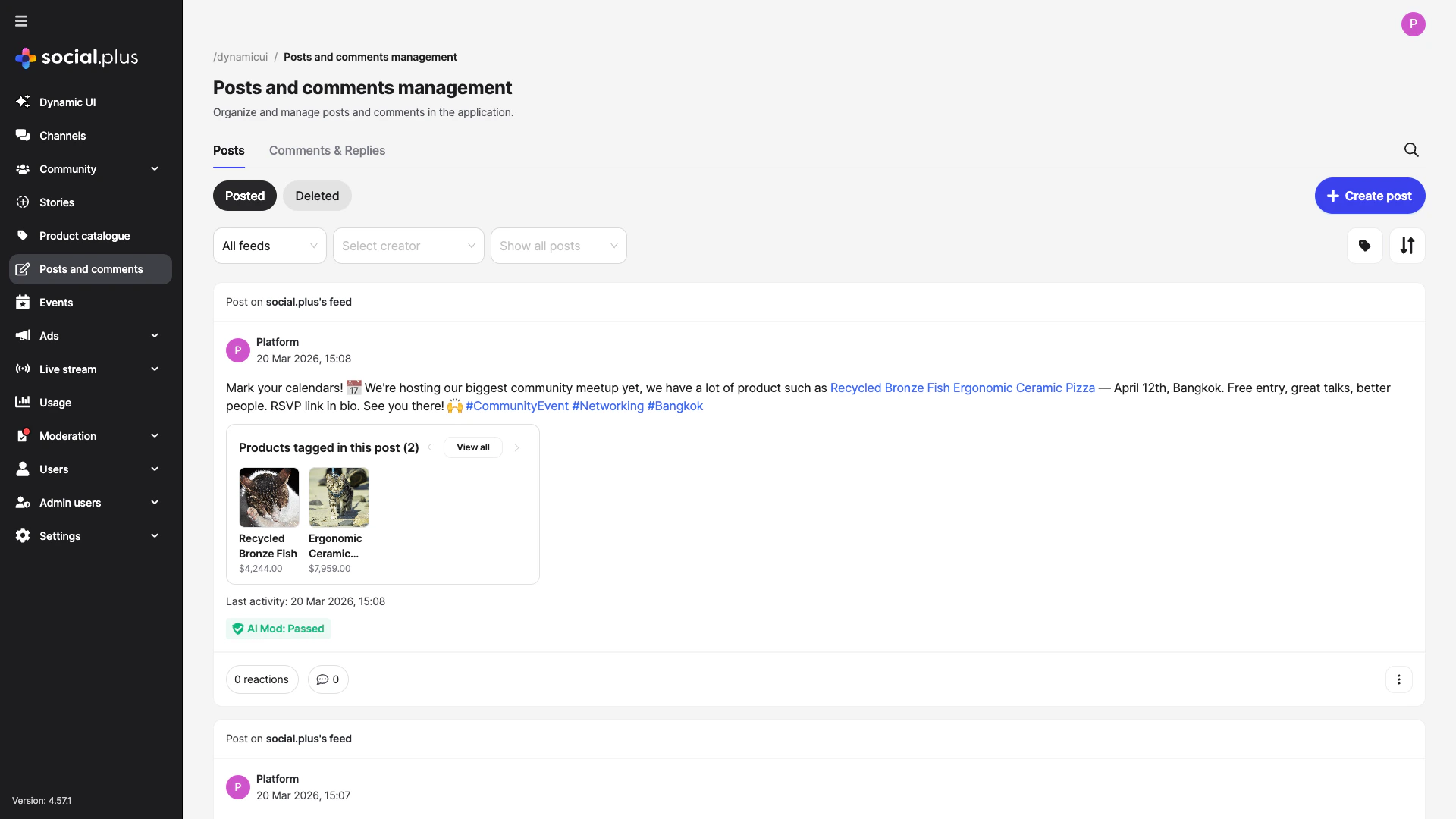 Admin Console post list showing posts with product tags including thumbnails and product names