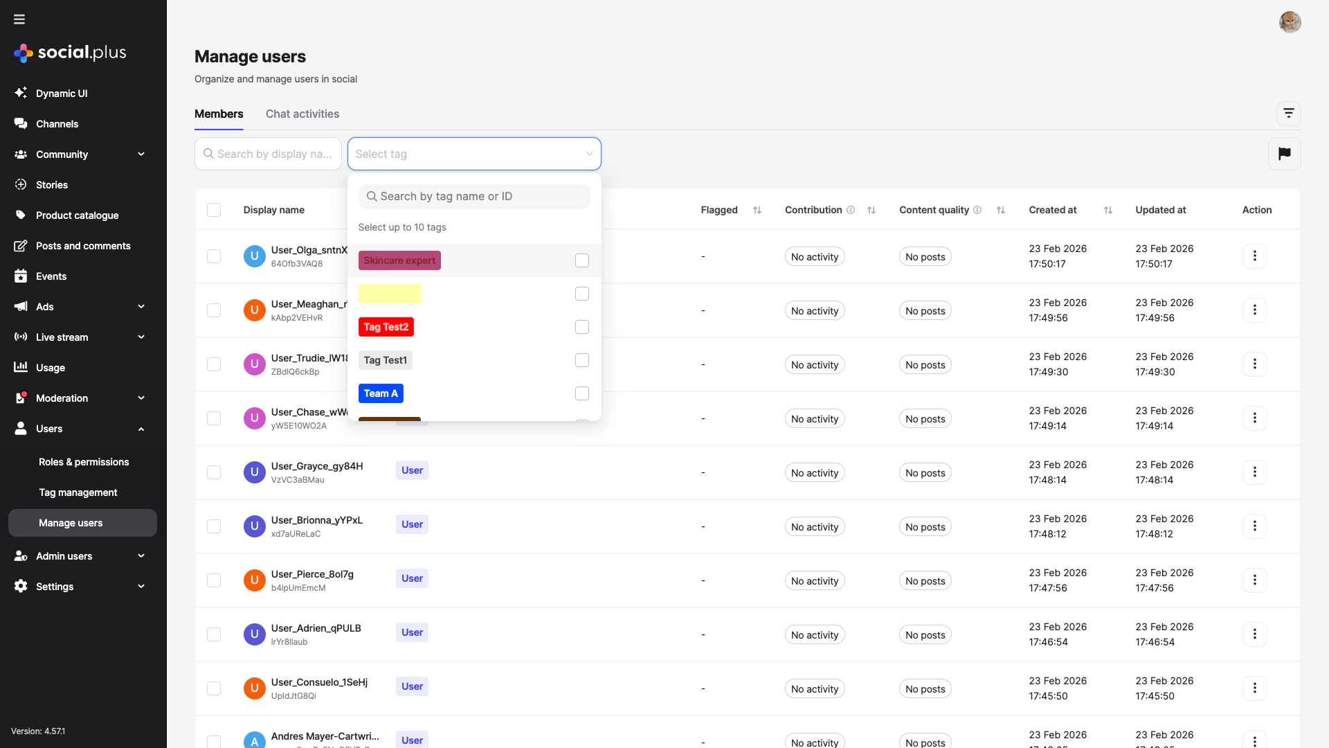 Manage Users page with tag filter dropdown showing available tags