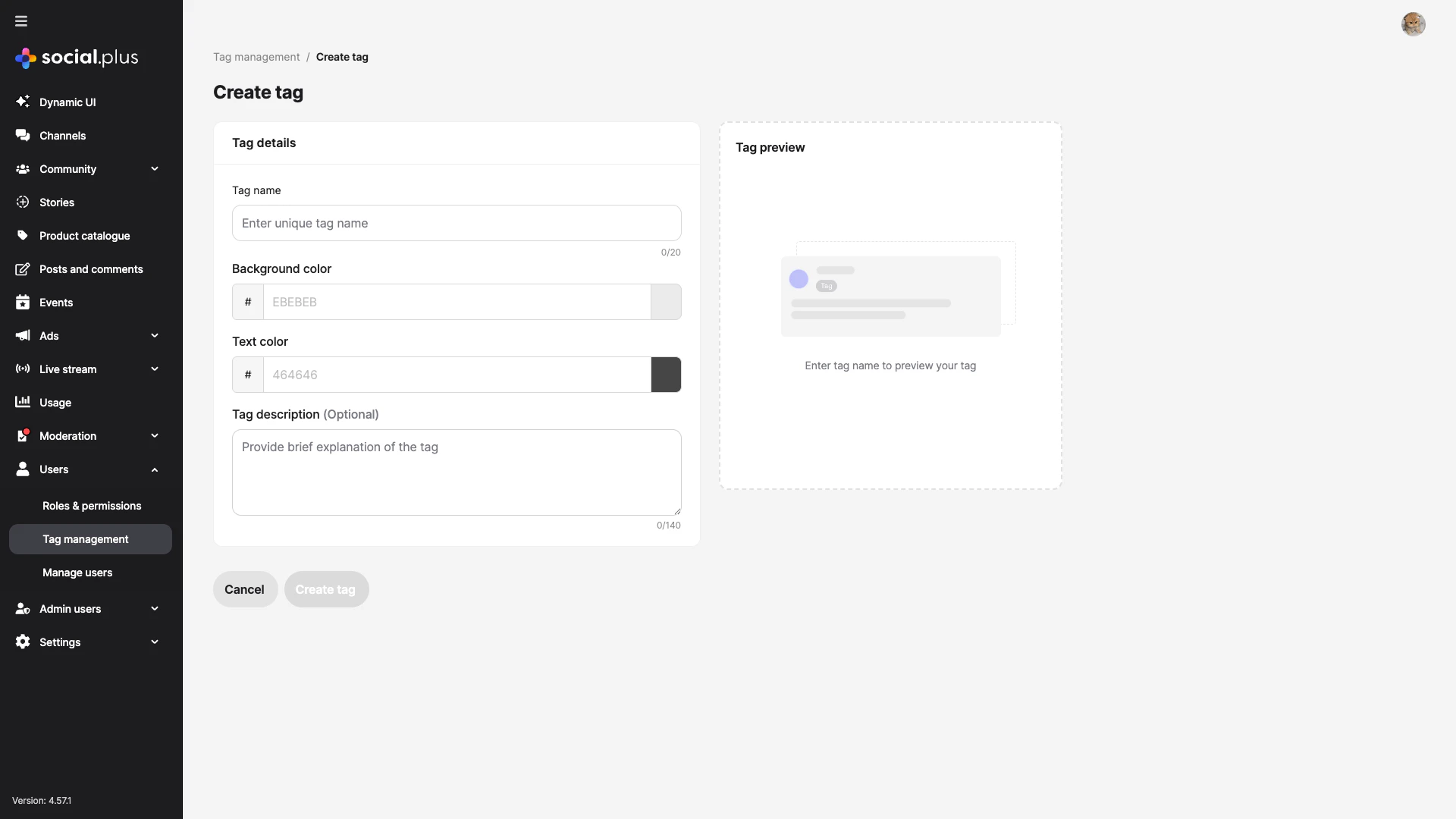 Create tag form with fields for tag name, background color, text color, and description