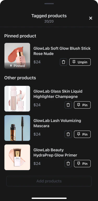 Tagged products management view showing pinned product, other products with Pin and Delete buttons, and Add products button