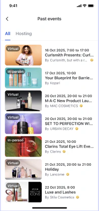 Mobile past events list with thumbnails, virtual and in-person badges, dates, and brand names