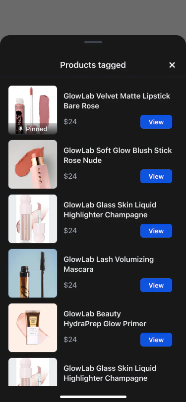 Products tagged bottom sheet showing product thumbnails, names, prices, Pinned badge on first item, and View buttons