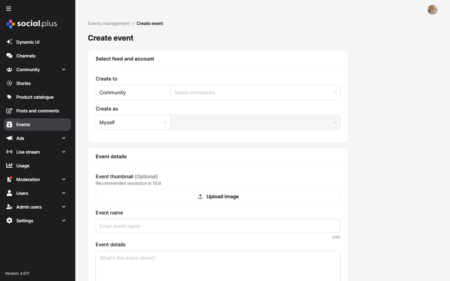 Admin Console create event form with community selector, event name, thumbnail upload, and scheduling fields