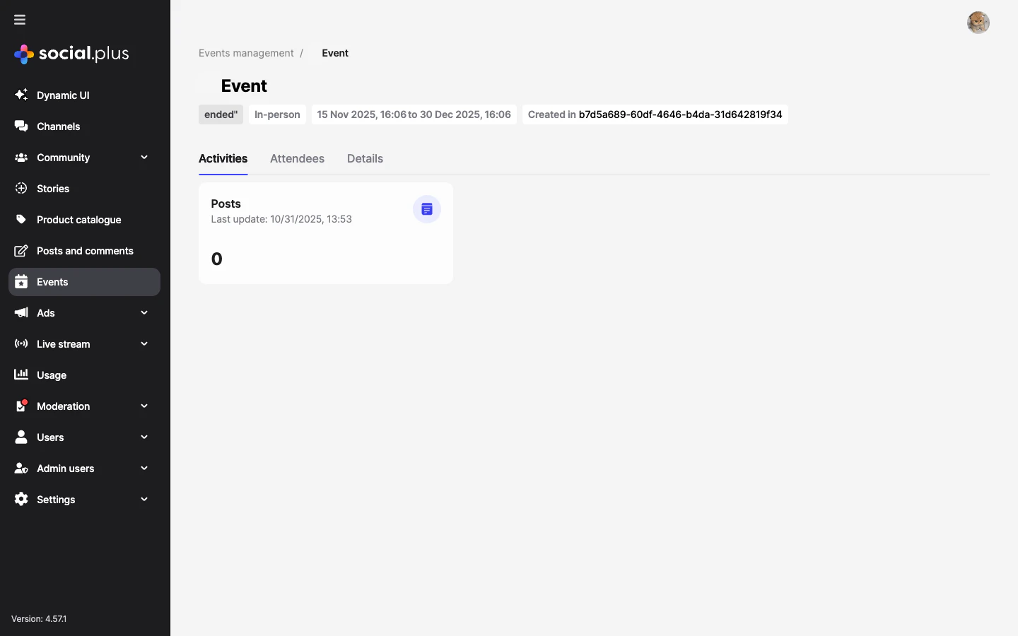 Admin Console event detail page with Activities tab showing post count and status badges